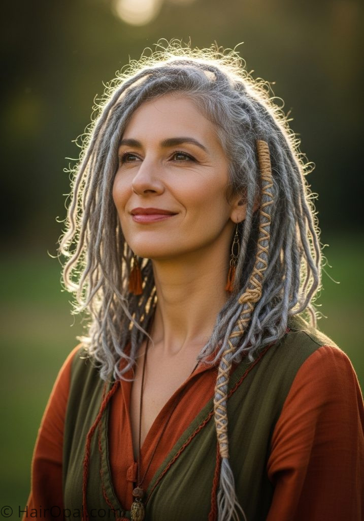 Woman with silver locs boho style boho hairstyles for women over 50 natural