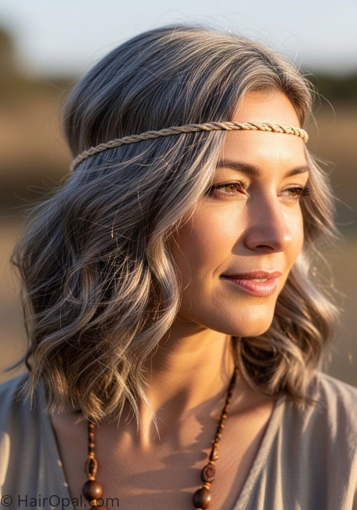 Woman with silver boho waves headband boho hairstyles for women over 50