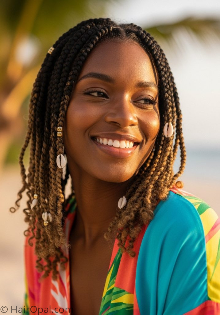 Black woman with boho twist braids vacation shells vacation hairstyles for black women boho braids twists