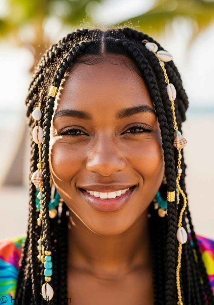 Black woman with vacation boho braids beads shells vacation hairstyles for black women boho braids