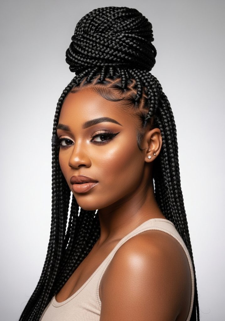 Black woman with box braids high bun updo hairstyle, bold and beautiful look