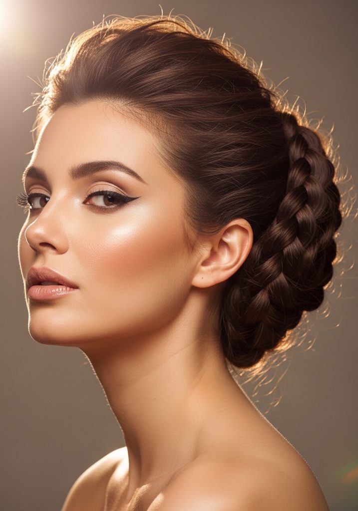 Woman with braided bun updo hairstyle for medium hair, elegant with texture