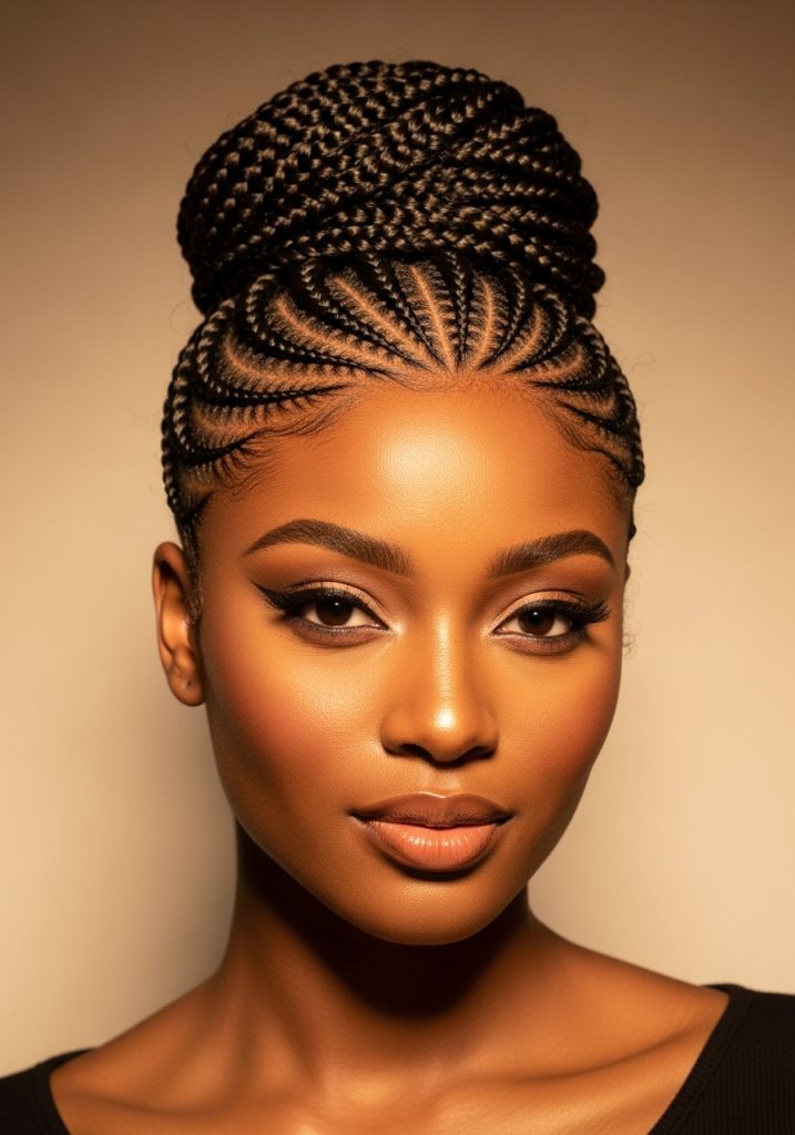 Black woman with braided crown updo hairstyle, regal and beautiful look