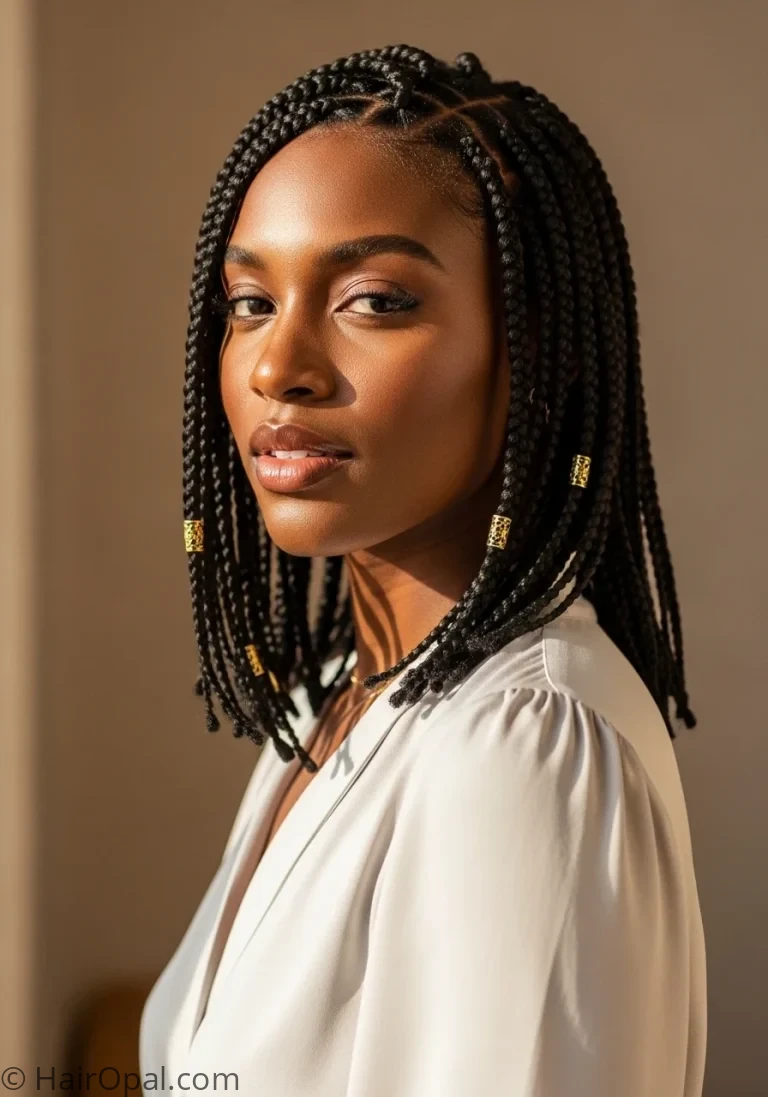 A Black woman with beautiful knotless box braids at shoulder length, the braids neat and uniform with small gold cuffs decorating several, wearing an elegant blouse, soft warm natural lighting, confident and beautiful expression, warm neutral background, shallow depth of field, realistic photography style
