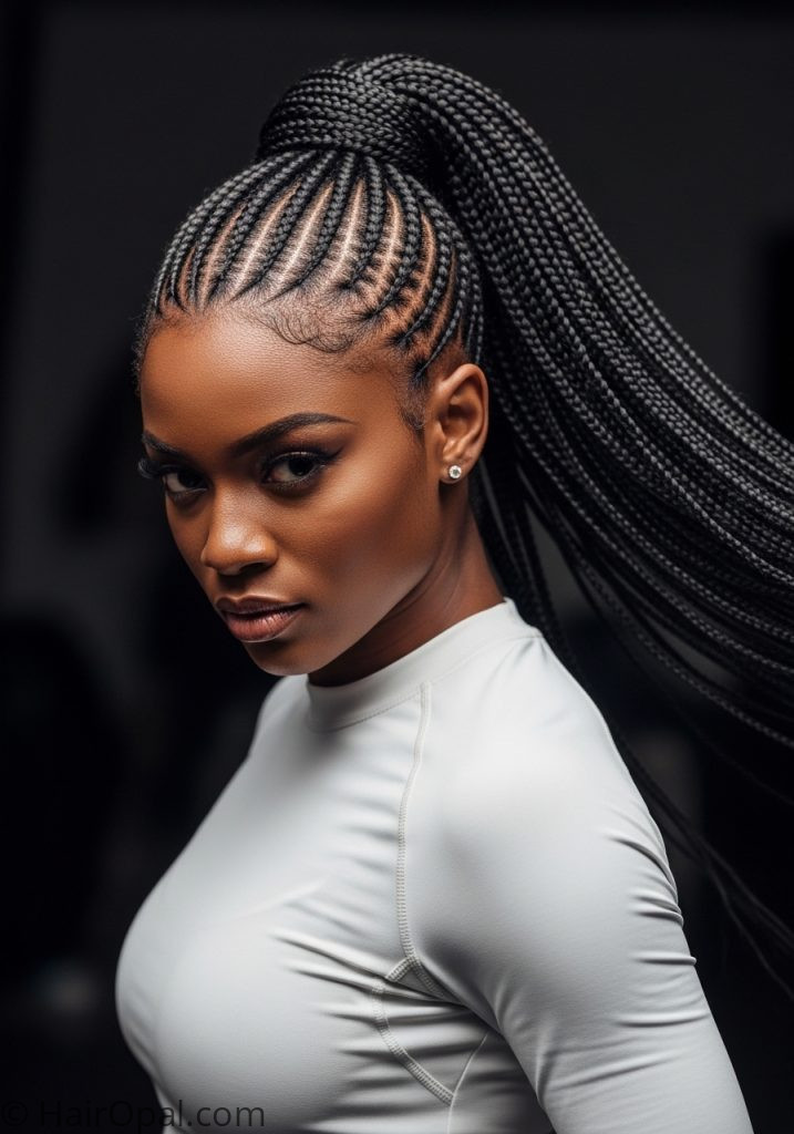 Black woman with feed-in braids ponytail braided hairstyles for black women quick updo long