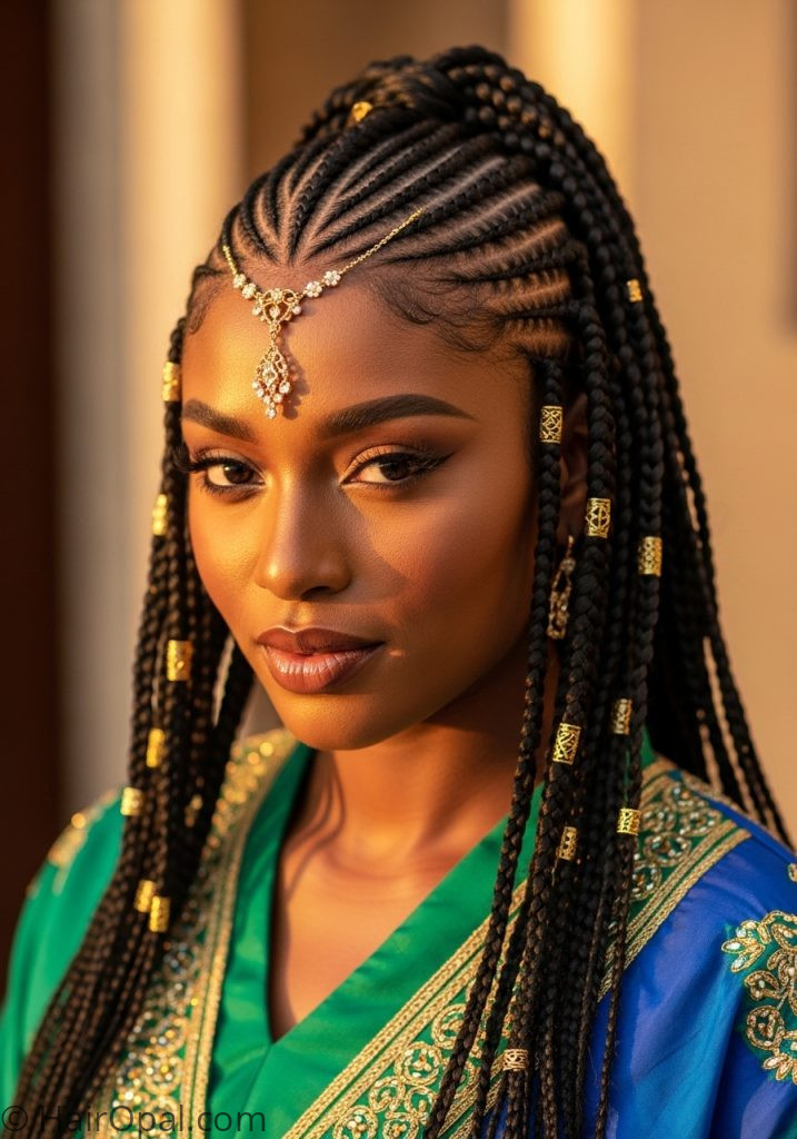 Black woman with Fulani braids gold beads braided hairstyles for black women natural updo