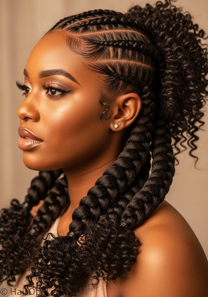 Black woman with goddess braids curly ends braided hairstyles for black women boho curly updo
