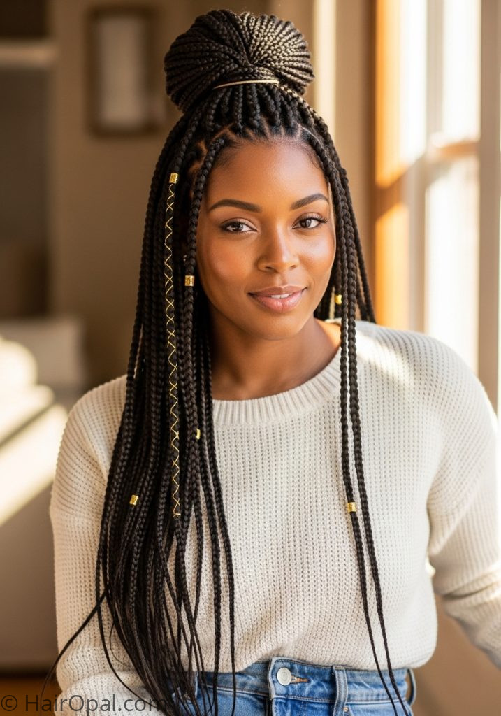 Black woman with braided half up half down braided hairstyles for black women long easy updo