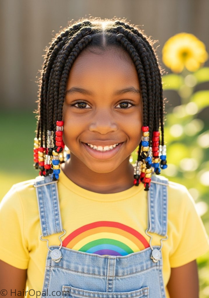 Young Black girl with box braids colorful beads braided hairstyles for black women kids natural