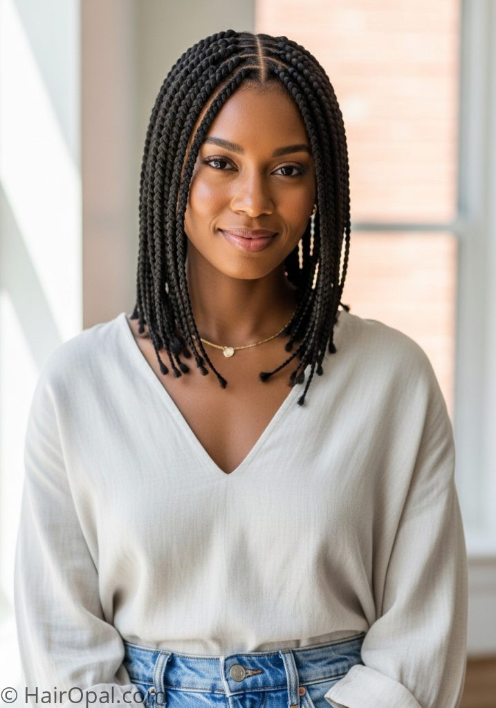 Black woman with knotless box braids braided hairstyles for black women easy quick