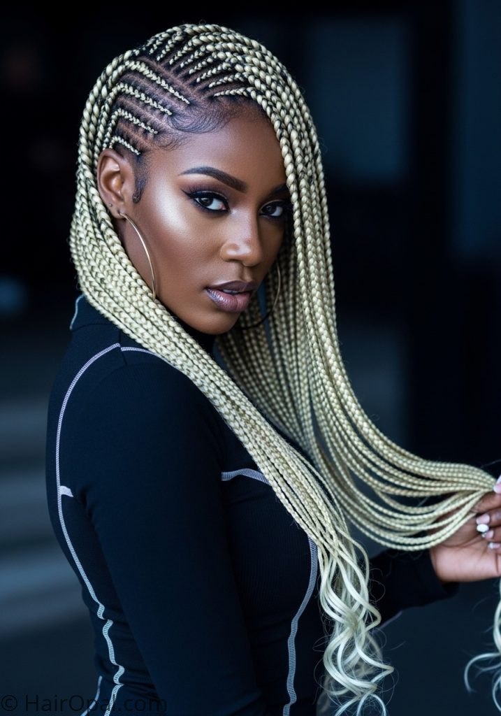 Black woman with lemonade braids side part braided hairstyles for black women natural quick