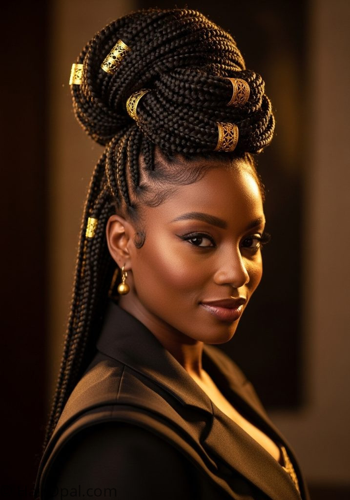 Black woman with braided high bun updo braided hairstyles for black women updo long