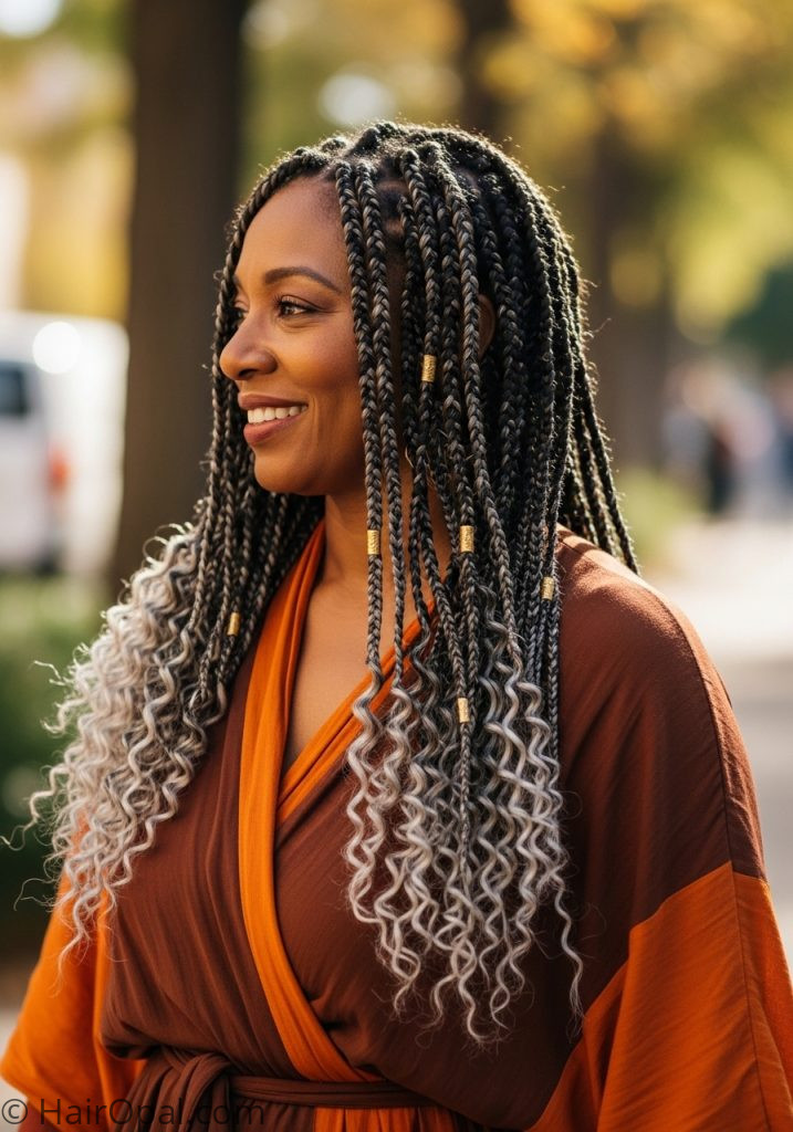 Black woman over 40 with boho braids natural grey silver curly ends braids for black women over 40 over 50