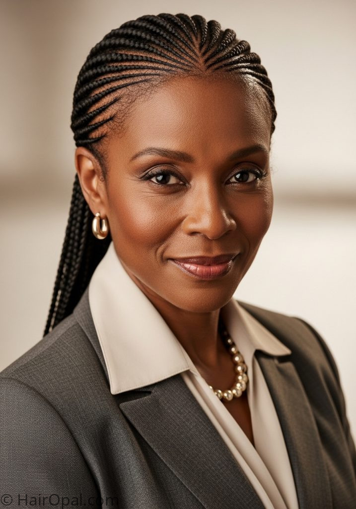 Black woman over 50 with feed-in braids neat elegant cornrows braids for black women over 40 over 50