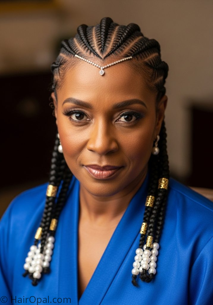 Black woman over 40 with Fulani braids gold cuffs pearls braids hairstyles for black women over 40