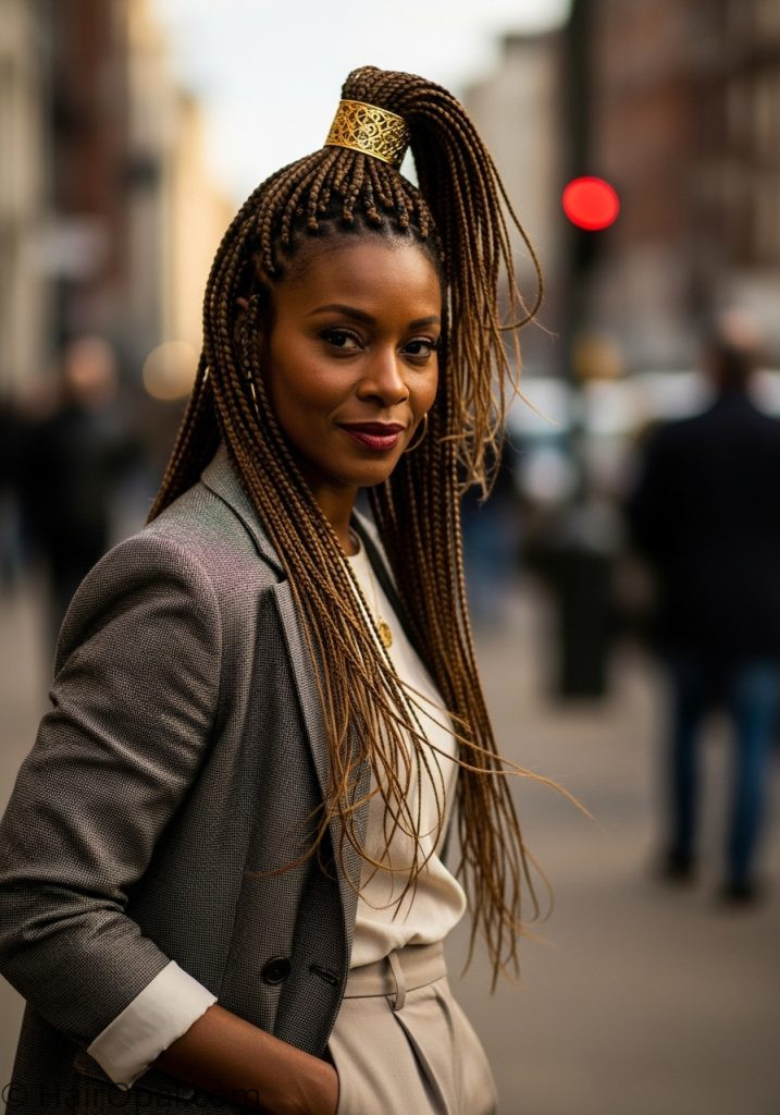 Black woman over 40 with half up box braids gold cuff box braids hairstyles for black women over 40