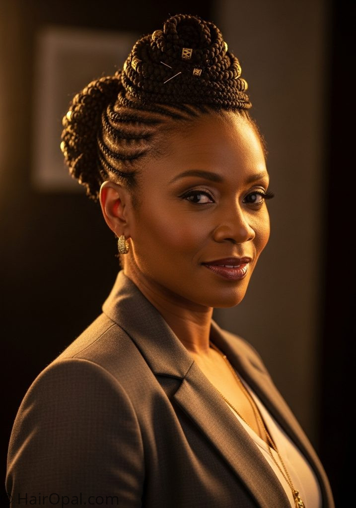 Black woman over 40 with knotless braids updo gold pins braids hairstyles for black women over 40