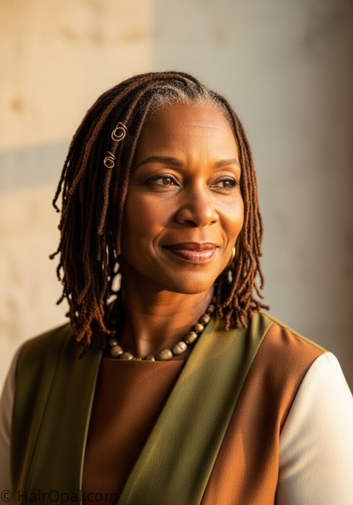 Black woman over 40 with mature locs gold rings braids for black women over 40 over 50