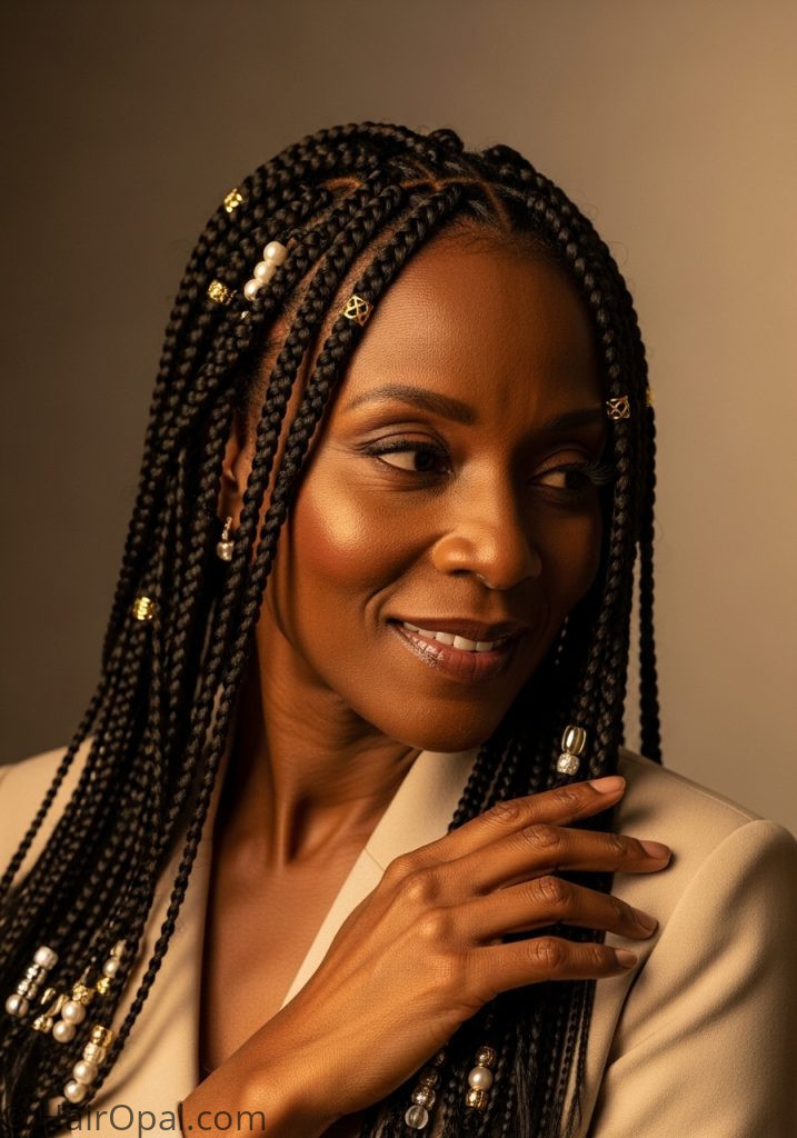 Black woman over 40 with braids gold pearl beads selective braids for black women over 40 years