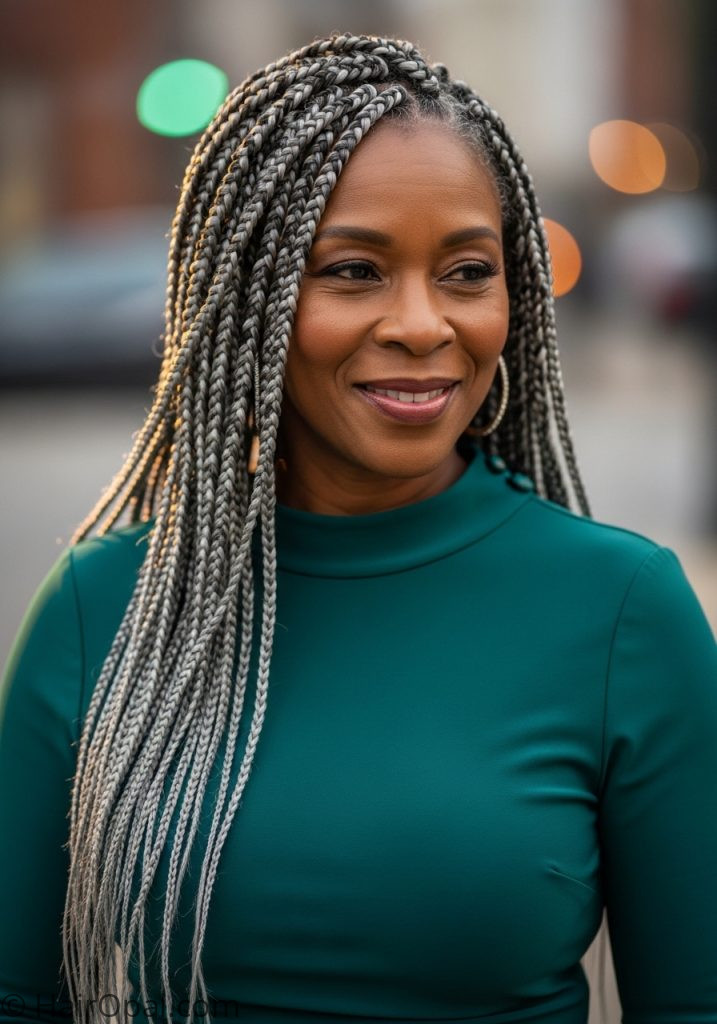  Black woman over 50 with grey highlight braids braids for black women over 40 over 50 years