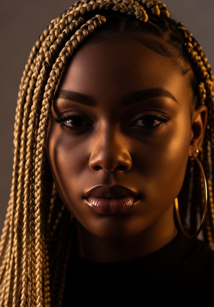 Woman with braids hairstyle with blonde highlights, dark and gold contrast look