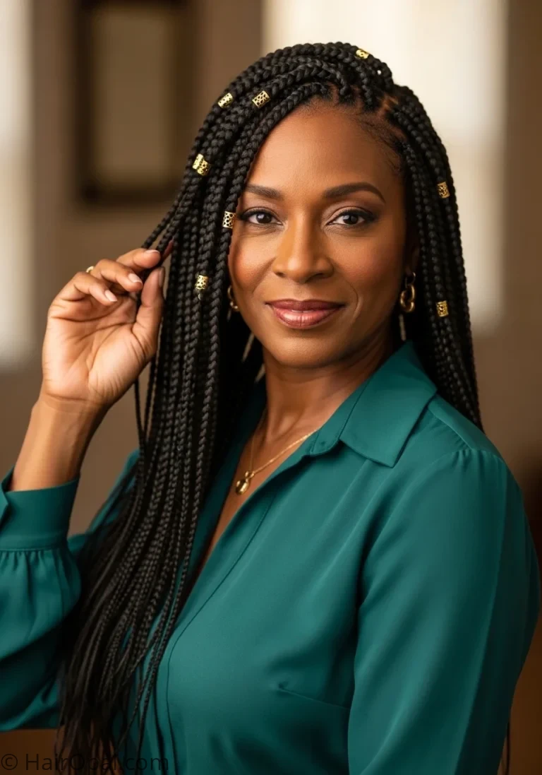 braids for black women over 40 sophisticated Black woman with knotless box braids gold cuffs