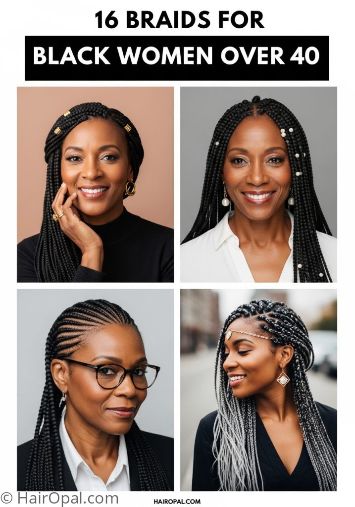  Collage of four braids for black women over 40 styles with text 16 braids for black women over 40