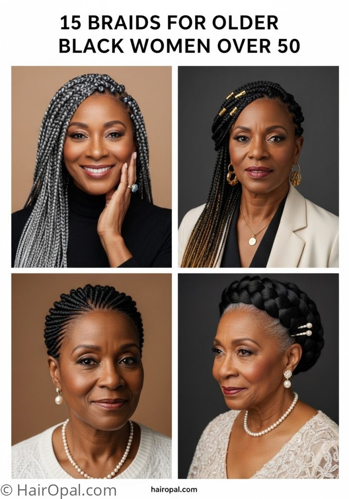 Collage of four braids for older black women over 50 styles with text 15 braids for older black women over 50