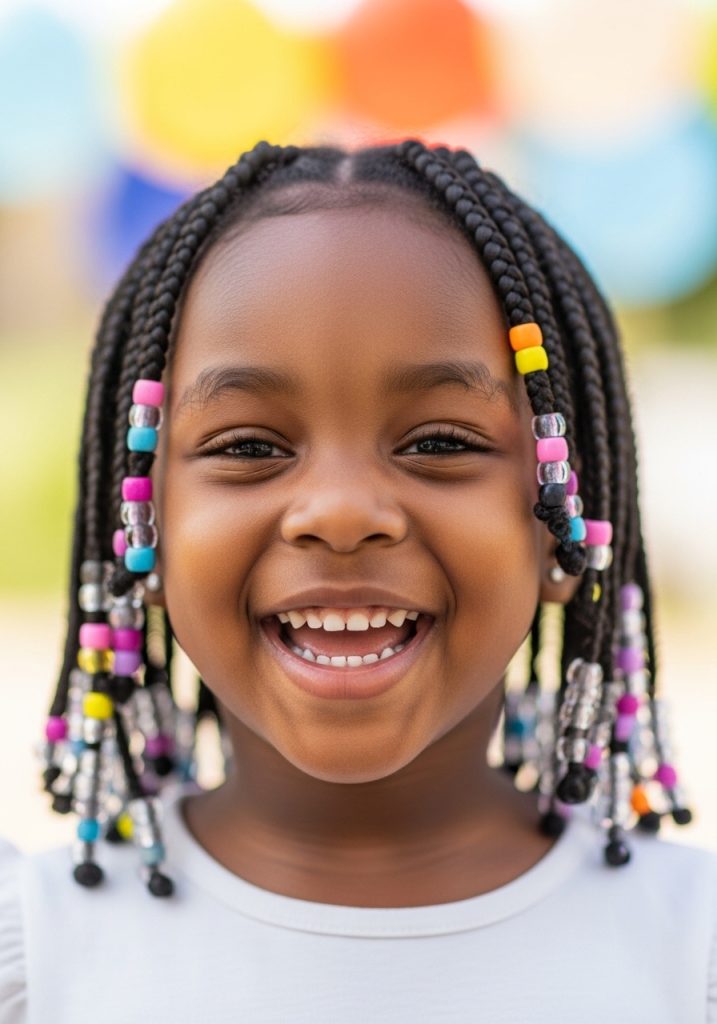 Little girl with jumbo plaits braids hairstyle with colorful beads, cute kids look