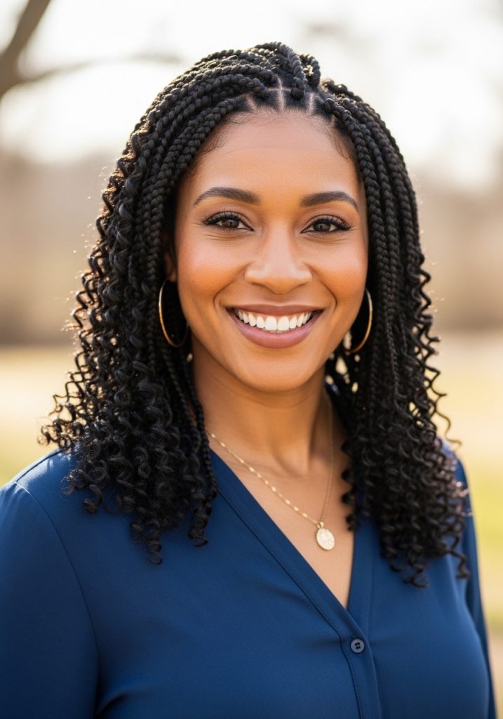 Woman with braids hairstyle on natural hair, no extensions, beautiful texture