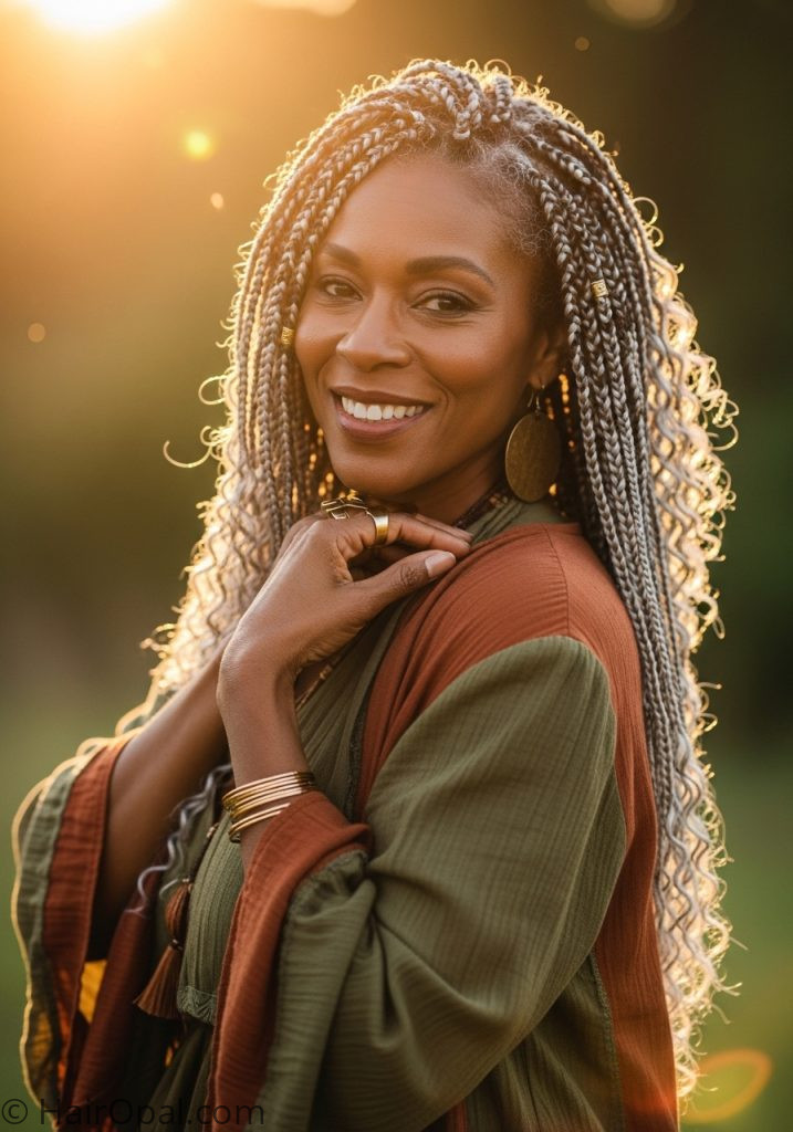Black woman over 50 with boho braids grey silver aging gracefully braids for older black women over 50 aging gracefully