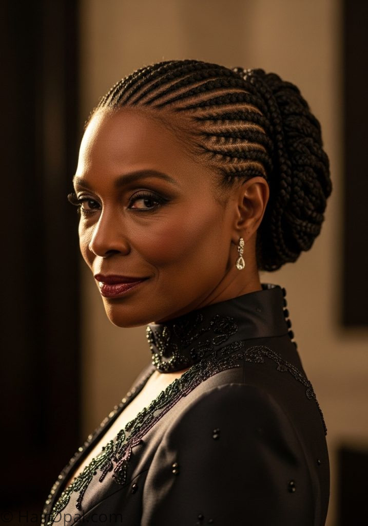 Black woman over 50 with feed-in cornrow updo updo braids for older black women over 50 elegant