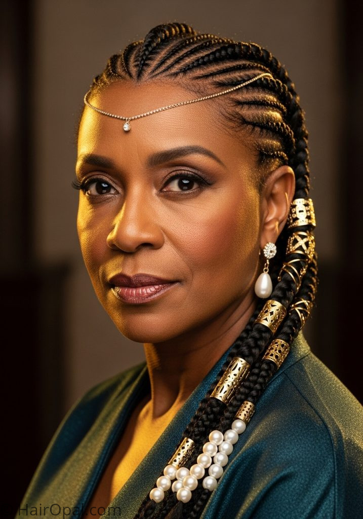 Black woman over 50 with Fulani braids gold cuffs pearl beads older black women hairstyles over 50 black braids