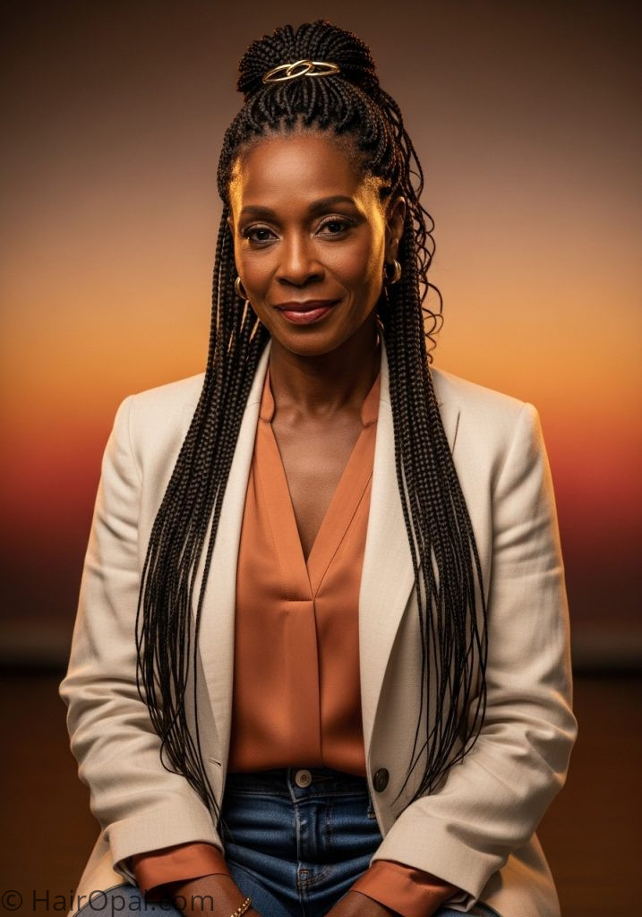 Black woman over 50 with half up box braids gold clip older black women braids over 50 hairstyles