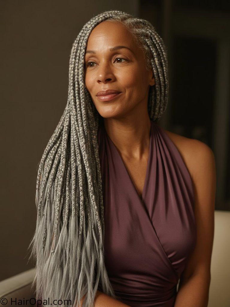 Black woman over 50 with knotless braids silver grey aging gracefully braids for older black women over 50 aging gracefully
