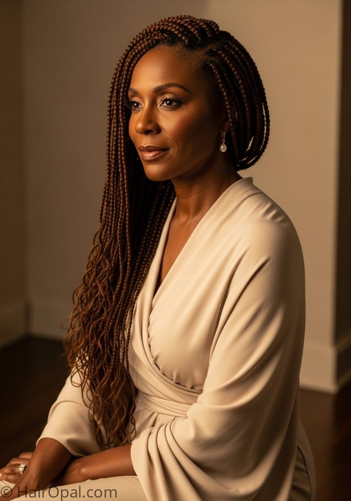Black woman over 50 with long Senegalese twists braids styles for older black women over 50
