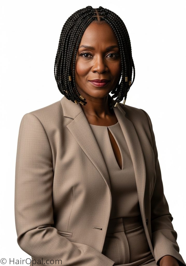 Black woman over 60 with short box braids chin length short braids for older black women over 50