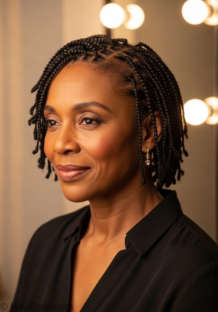 Black woman over 50 with lightweight braids thin hair braids for older black women over 50 with thin hair