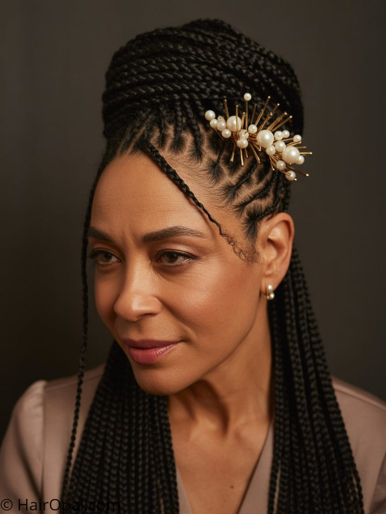 Black woman over 50 with braided updo gold pearl pins updo braids for older black women over 50