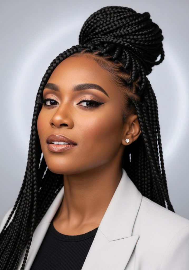Woman with braids hairstyle in a high bun updo, elegant and polished look