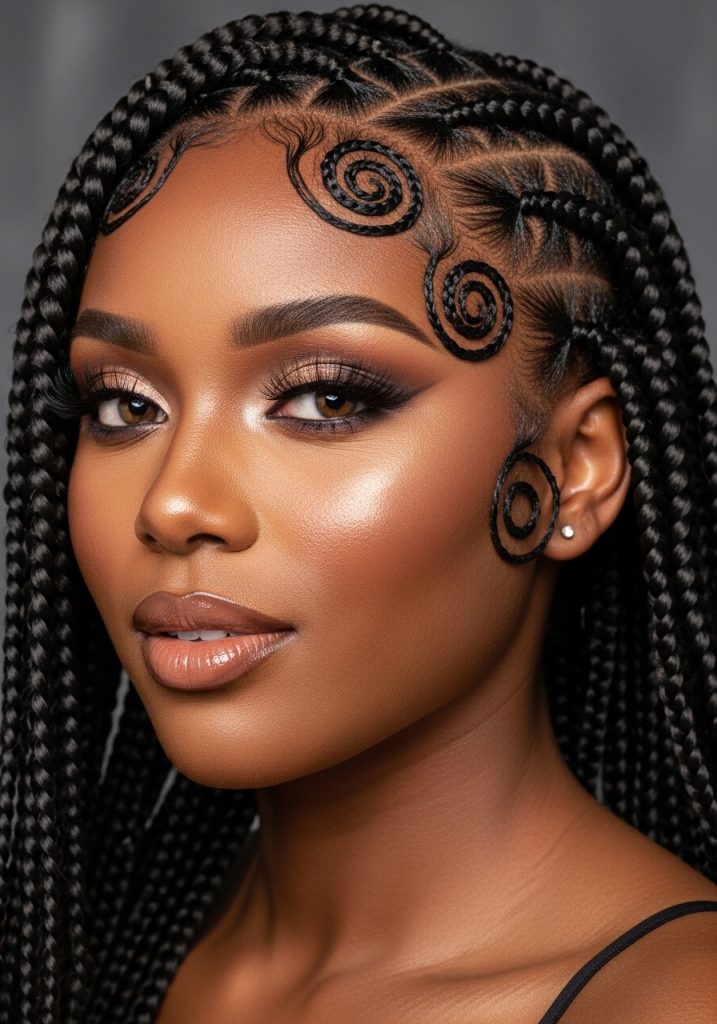Woman with braids hairstyle and laid baby hairs, intricate edges framing face