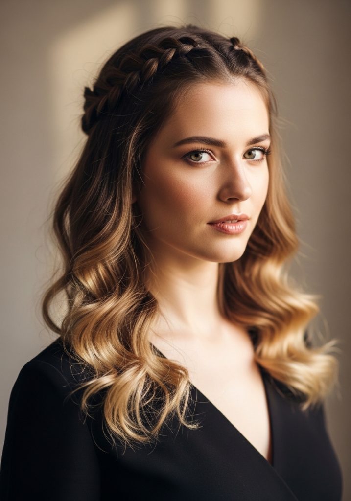  Woman with braids hairstyle with curls at the ends, romantic feminine look 
