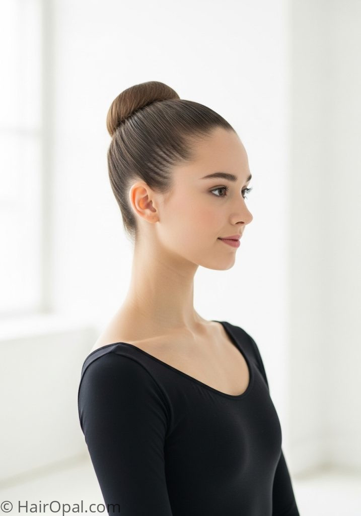 Woman with sleek ballerina bun hairstyles for long hair polished