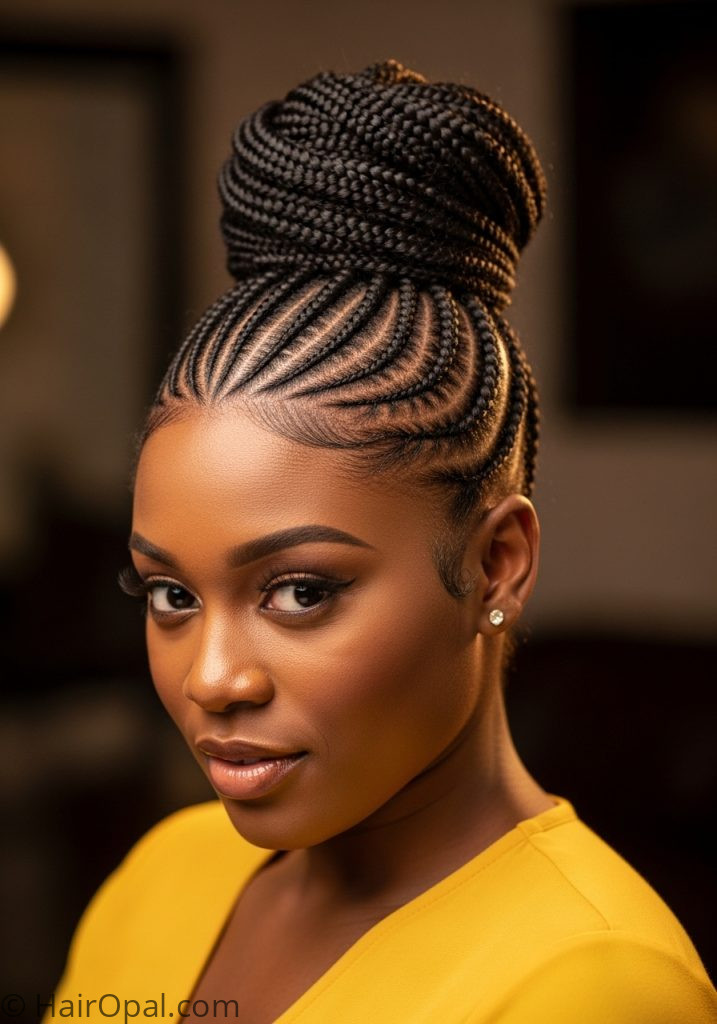Black woman with bun hairstyles with braids cornrows into bun