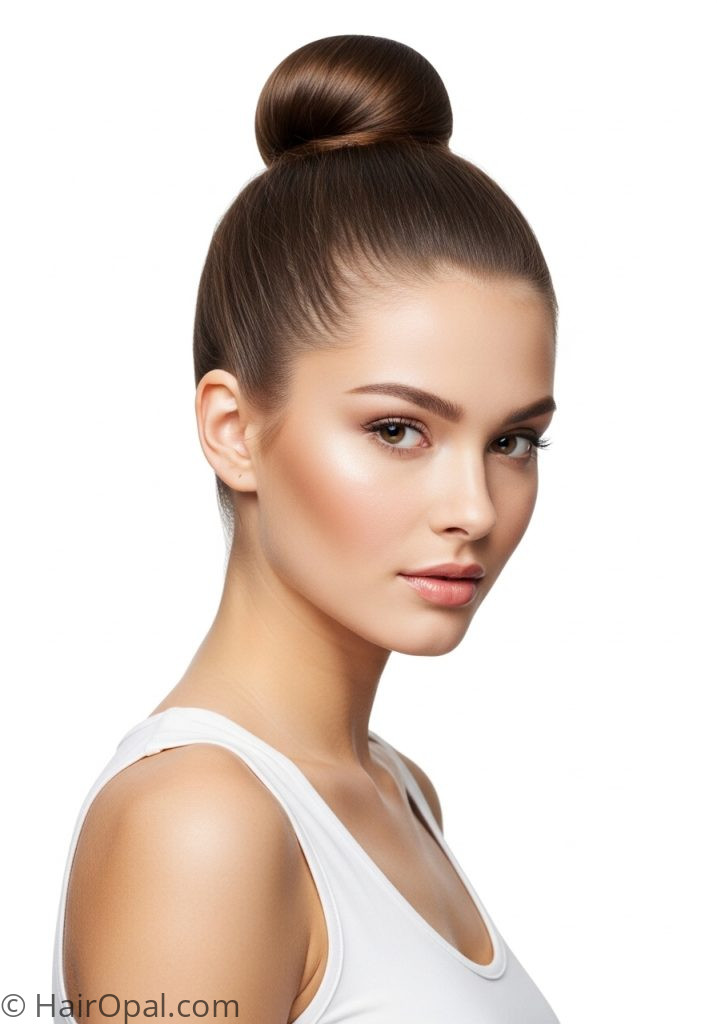 Woman with classic high bun hairstyle sleek and polished