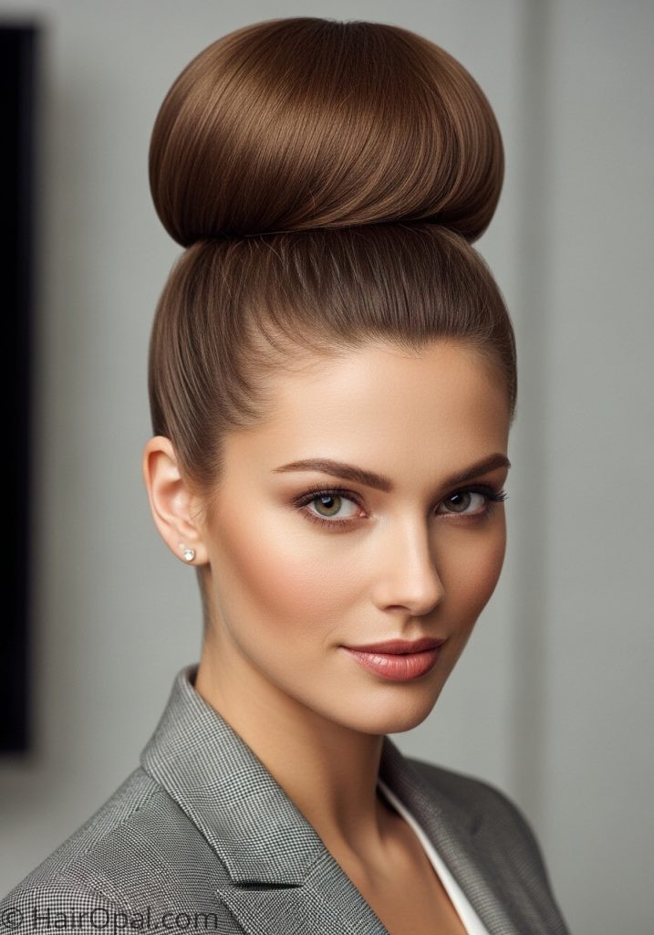 Woman with round donut bun hairstyles for long hair full volume