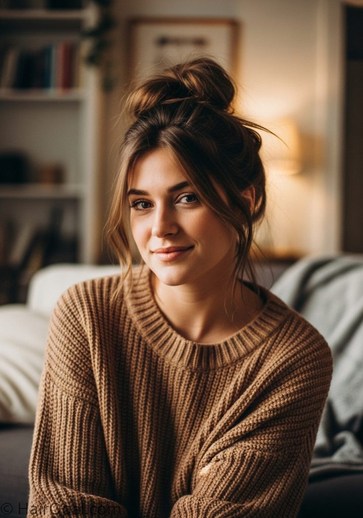 Woman with easy messy bun hairstyles tutorial casual look