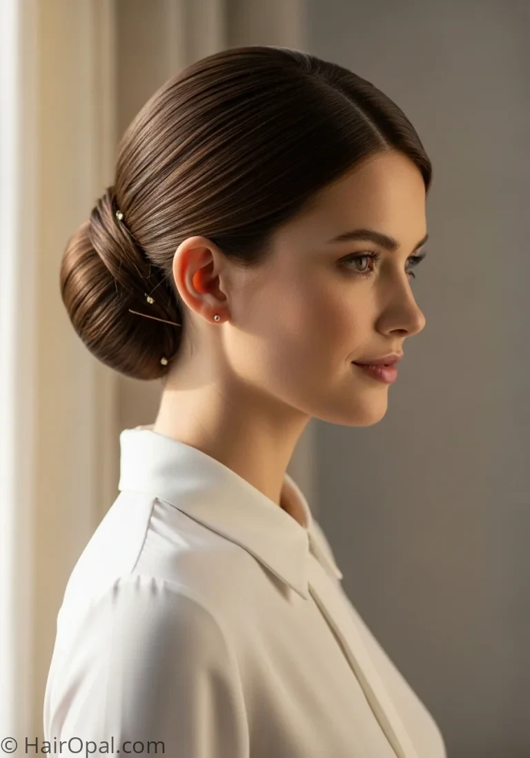 bun hairstyles woman with smooth low bun gold pins elegant look