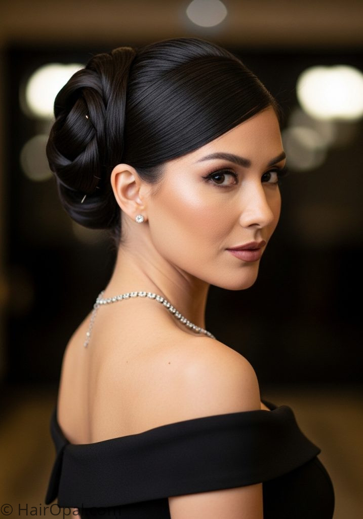 Woman with French twist bun hairstyles for wedding party elegant