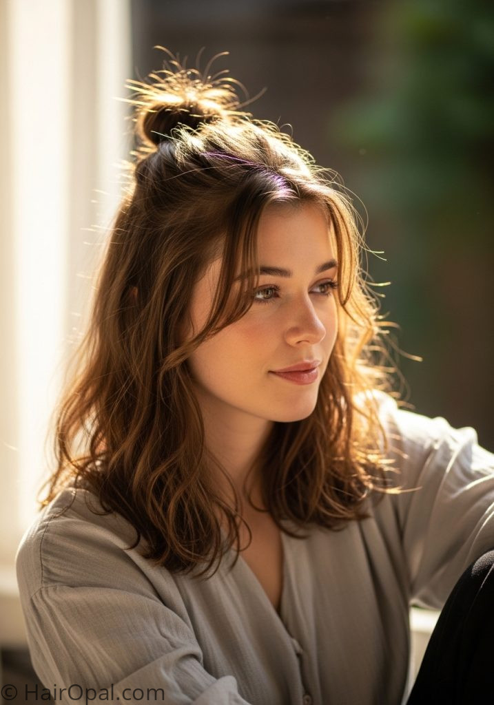 Woman with half up bun hairstyles easy medium hair